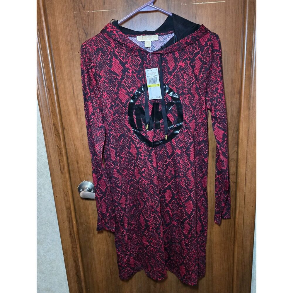 NWT Michael Kors Women's Red and Black Snakeskin Print Hooded  Dress Sz M
